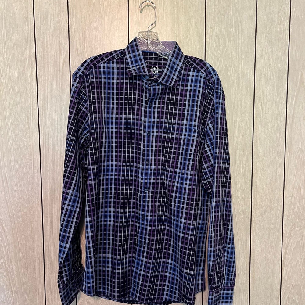 Bugatchi Men's Blue and Purple Checkered Shirt